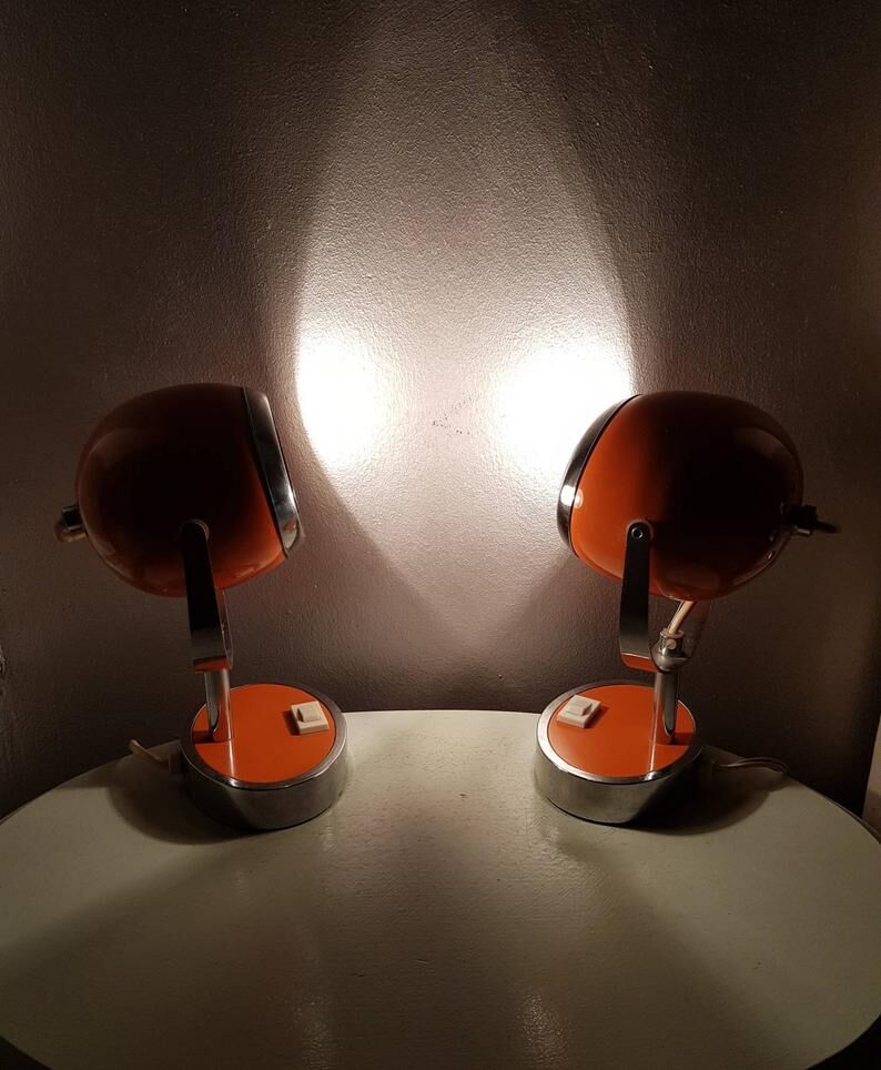 Pair of orange eye table lamps from the 70s space age