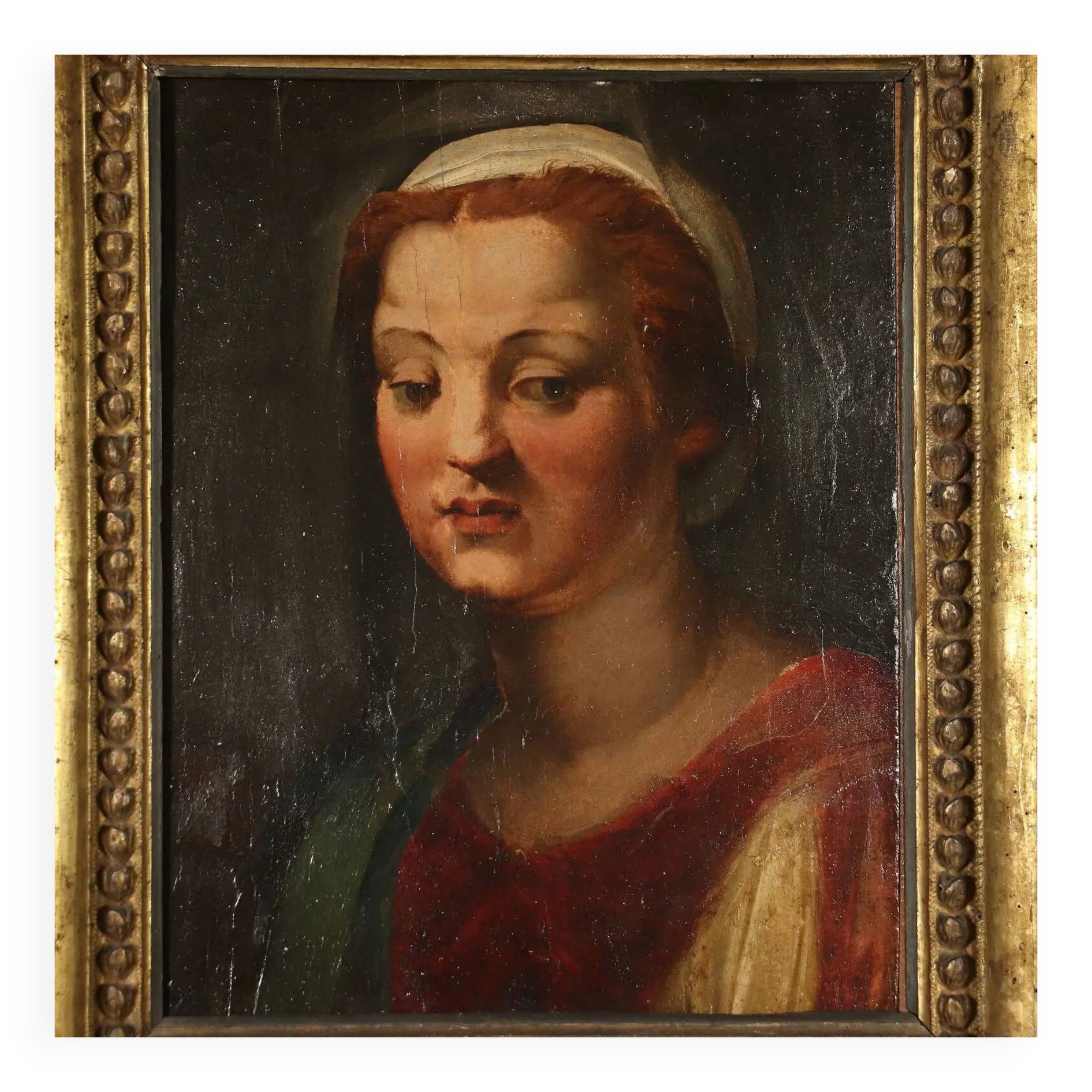 Ancient painting Female head attributed to A. Del Sarto, tempera on wood