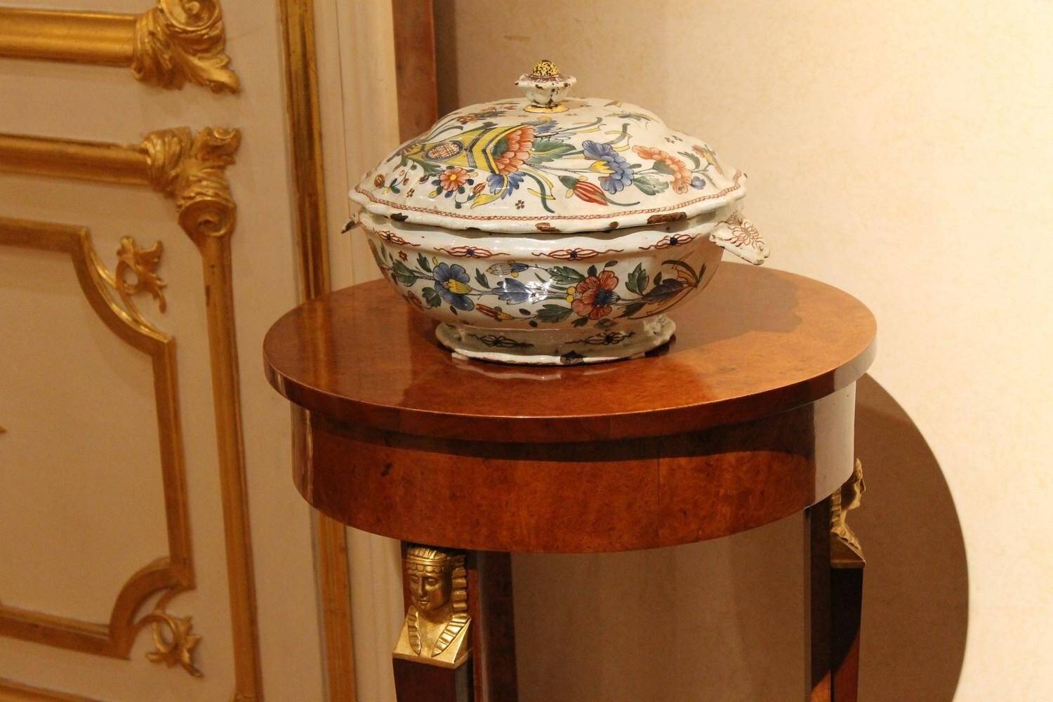 Antique French Faience Lidded Bowl Tureen Hand Painted with Flowers and Insects