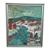 Huile su panneau suédoise "Cabane dans la neige" par V Hennings 55, vintage et encadrée 51×61cm