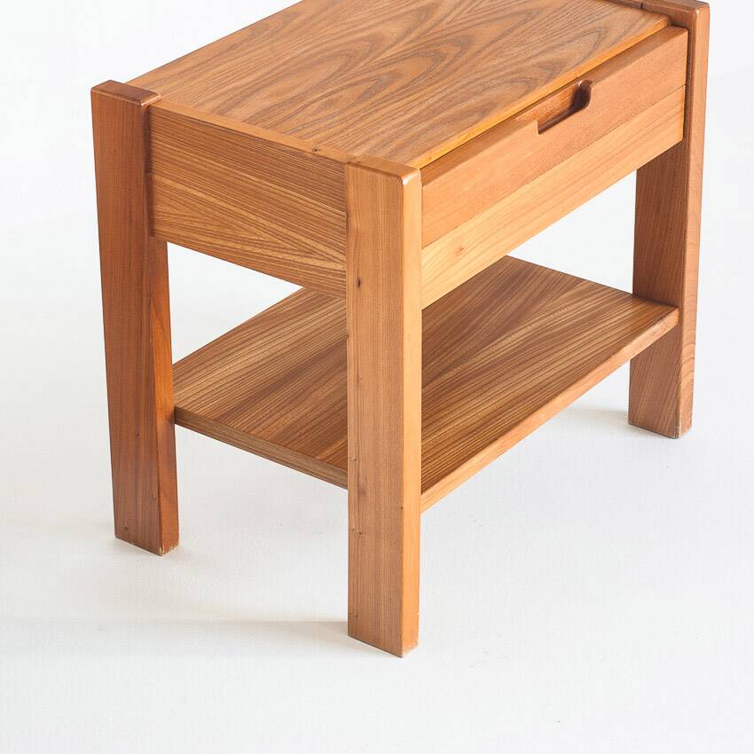 Pair of vintage bedside tables. Elm wood. France, 1970s