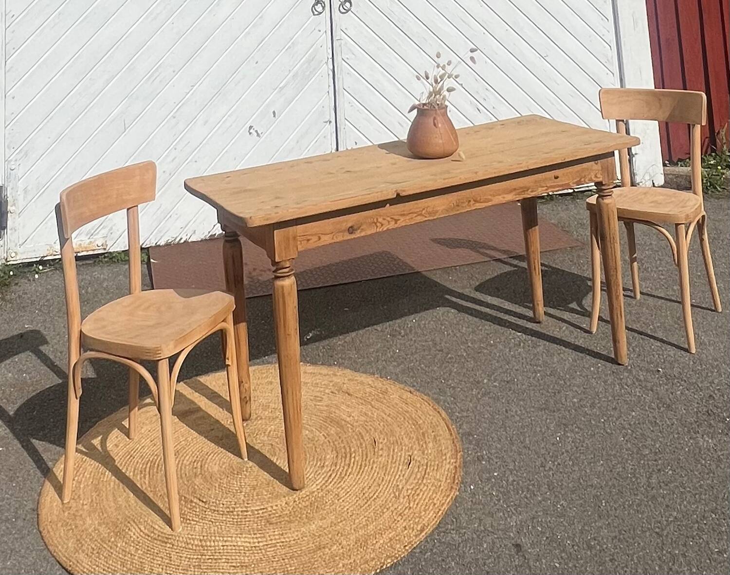 Antique vintage bistro table in solid raw wood for 6 people