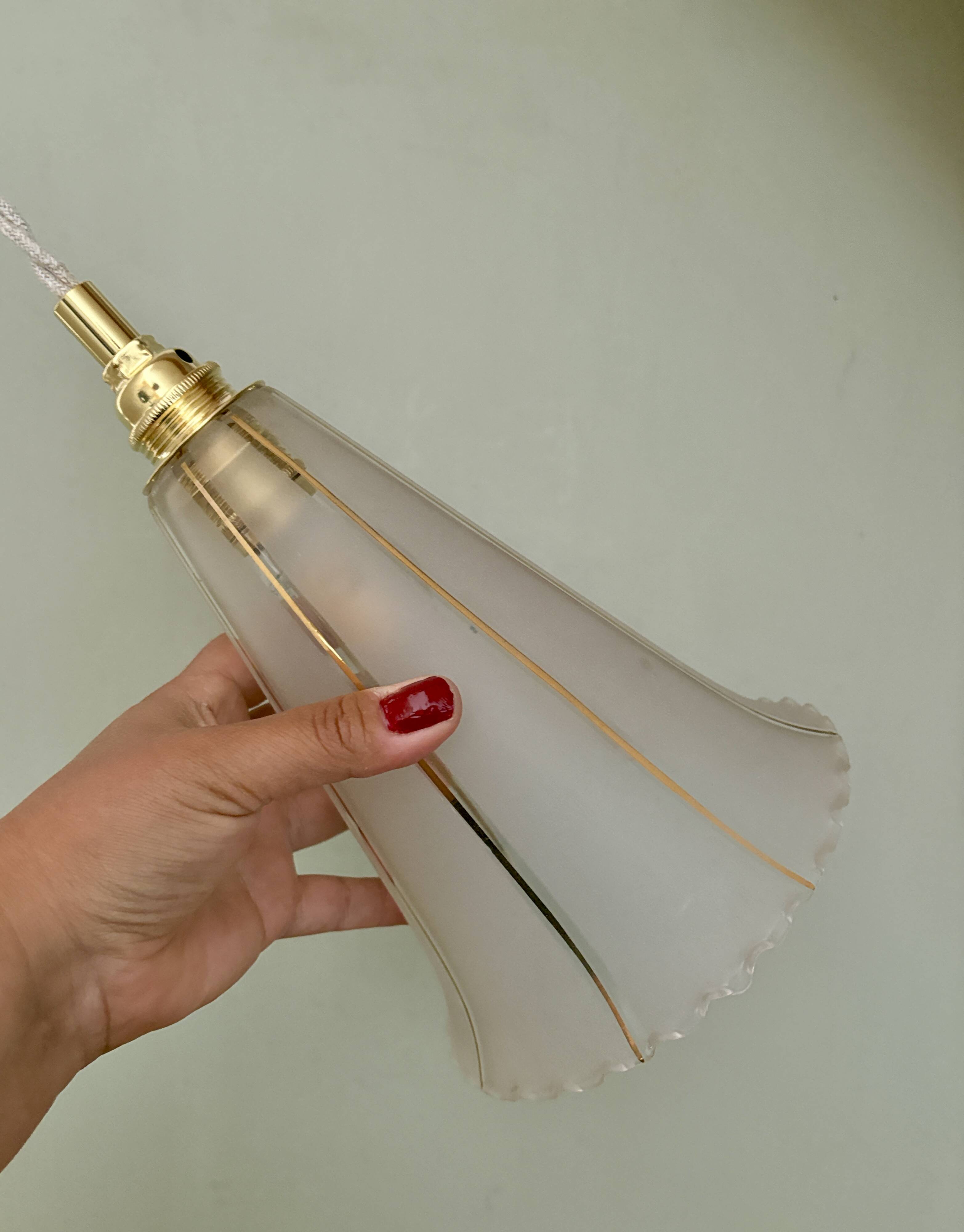 Vintage tulip pendant light in white and gold frosted glass