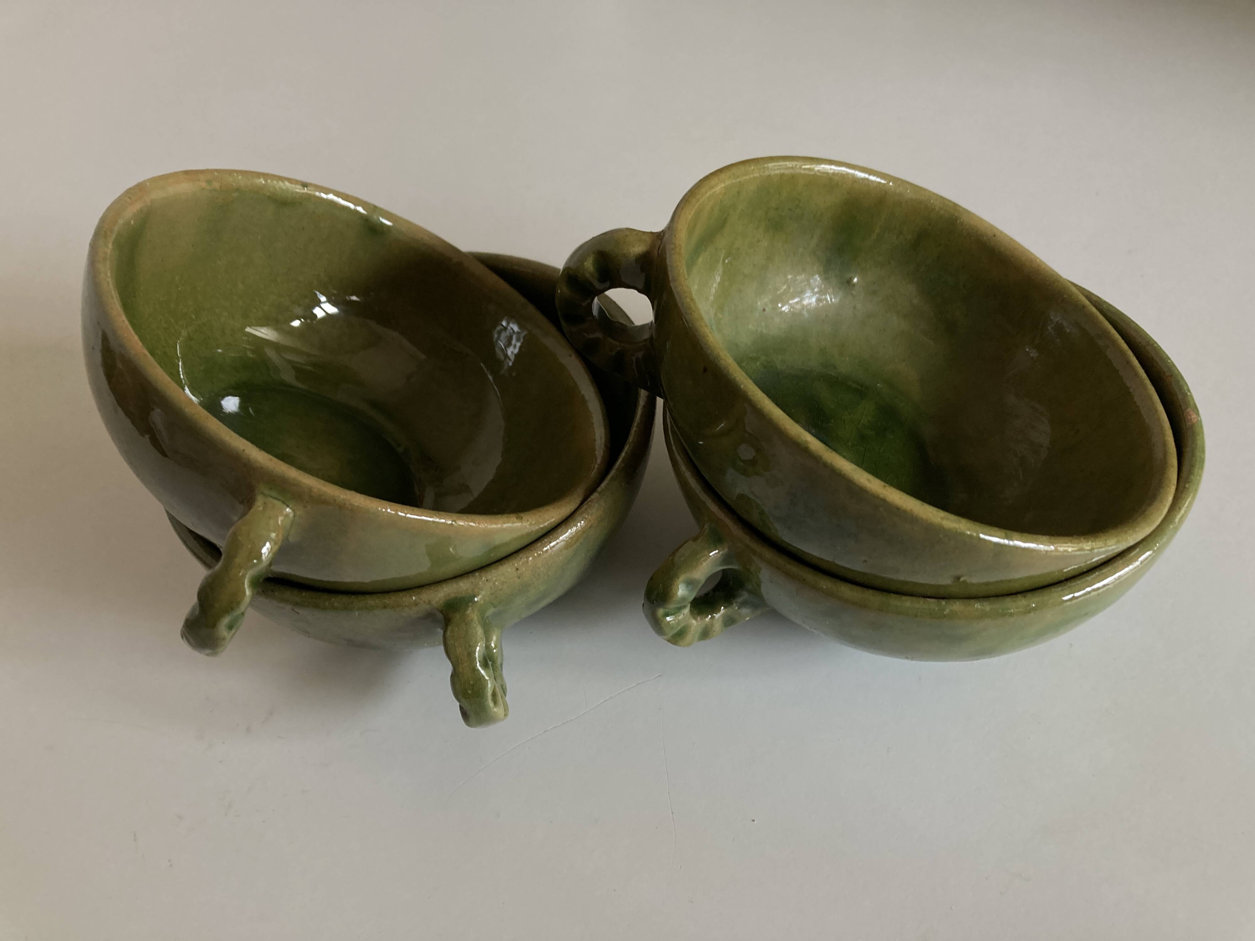 Set of 4 green bowls with handles in Biot glazed earthenware, 1960