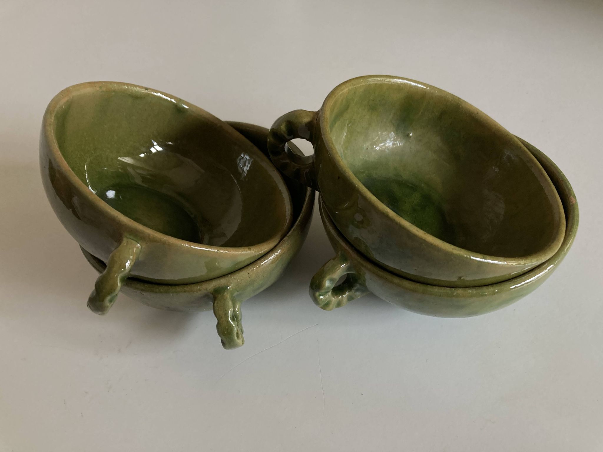 4 green glazed earthenware bowls with handles from Biot, 1960