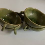 4 green glazed earthenware bowls with handles from Biot, 1960