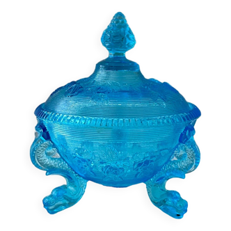 Bol à couvercle antique, verre pressé turquoise, bol de confiserie, 19ème siècle