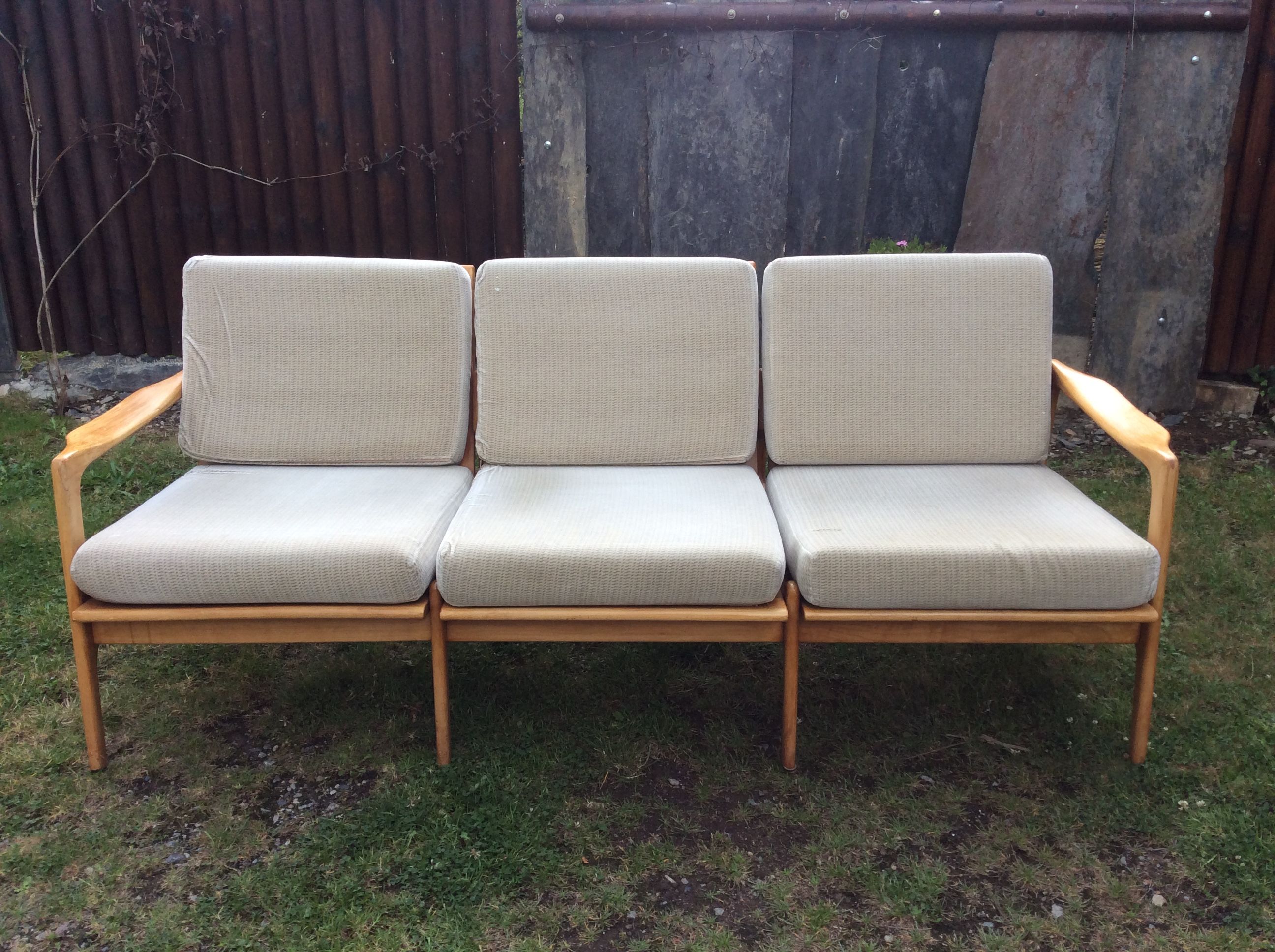 Vintage Scandinavian bench and armchairs of 4 pieces, 1 bench and 3 armchairs.