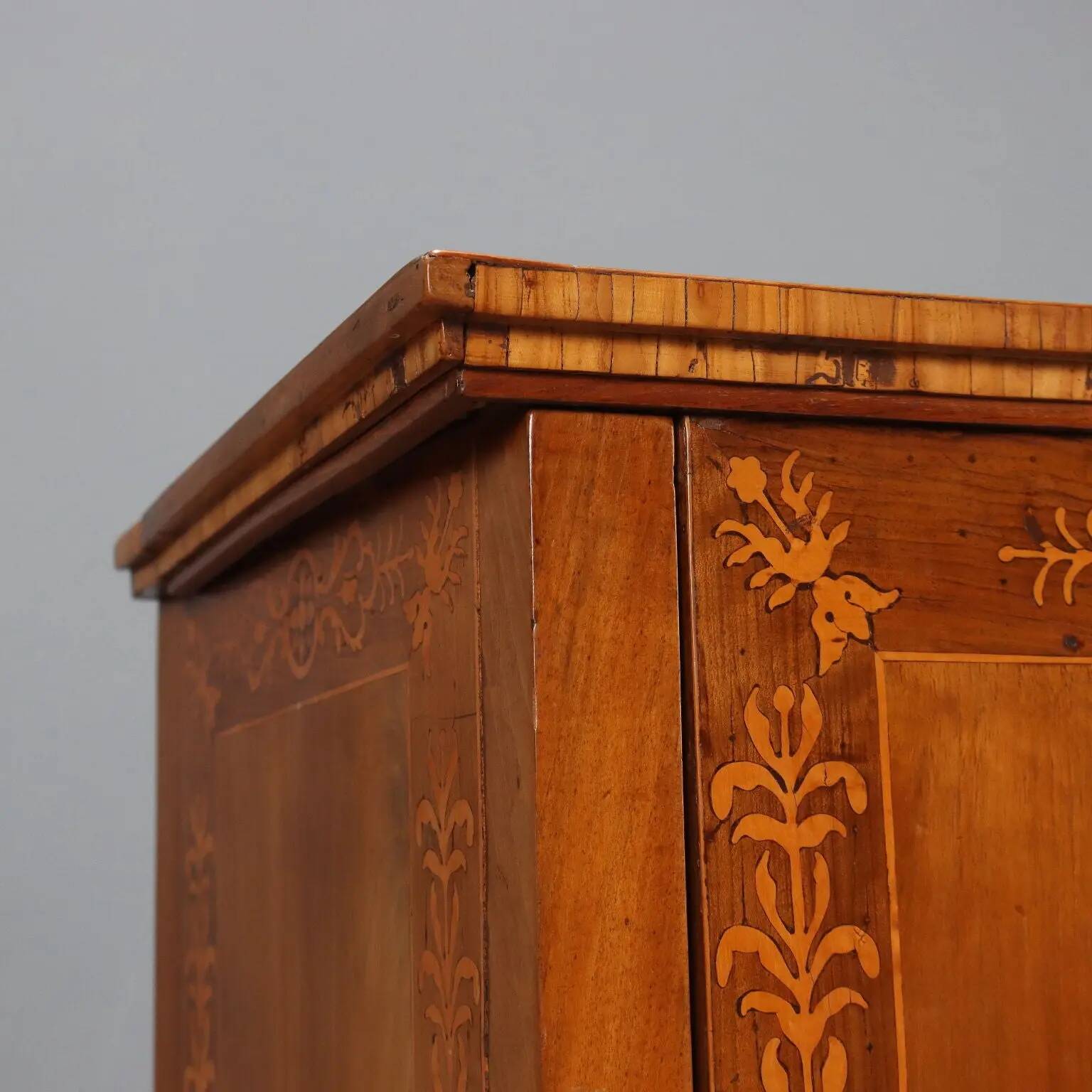Antique walnut bedside table with maple inlays, converted into a bar cabinet, 19th century.
