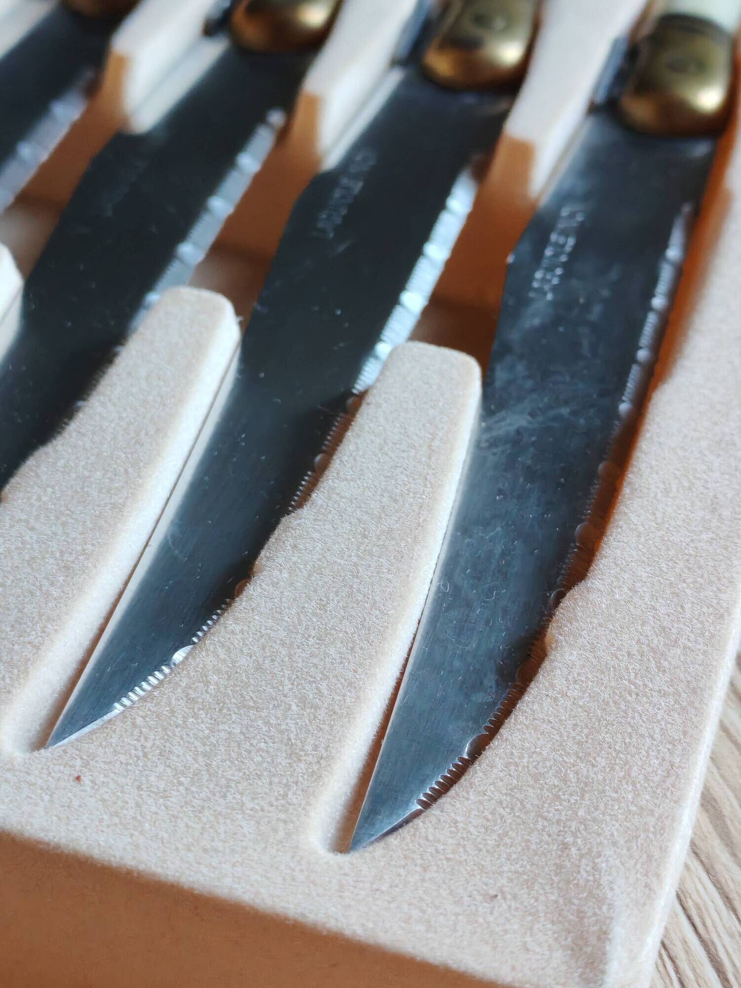 Vintage Box 6 Laguiole Table Knives Ivory Handles Gold Bolsters