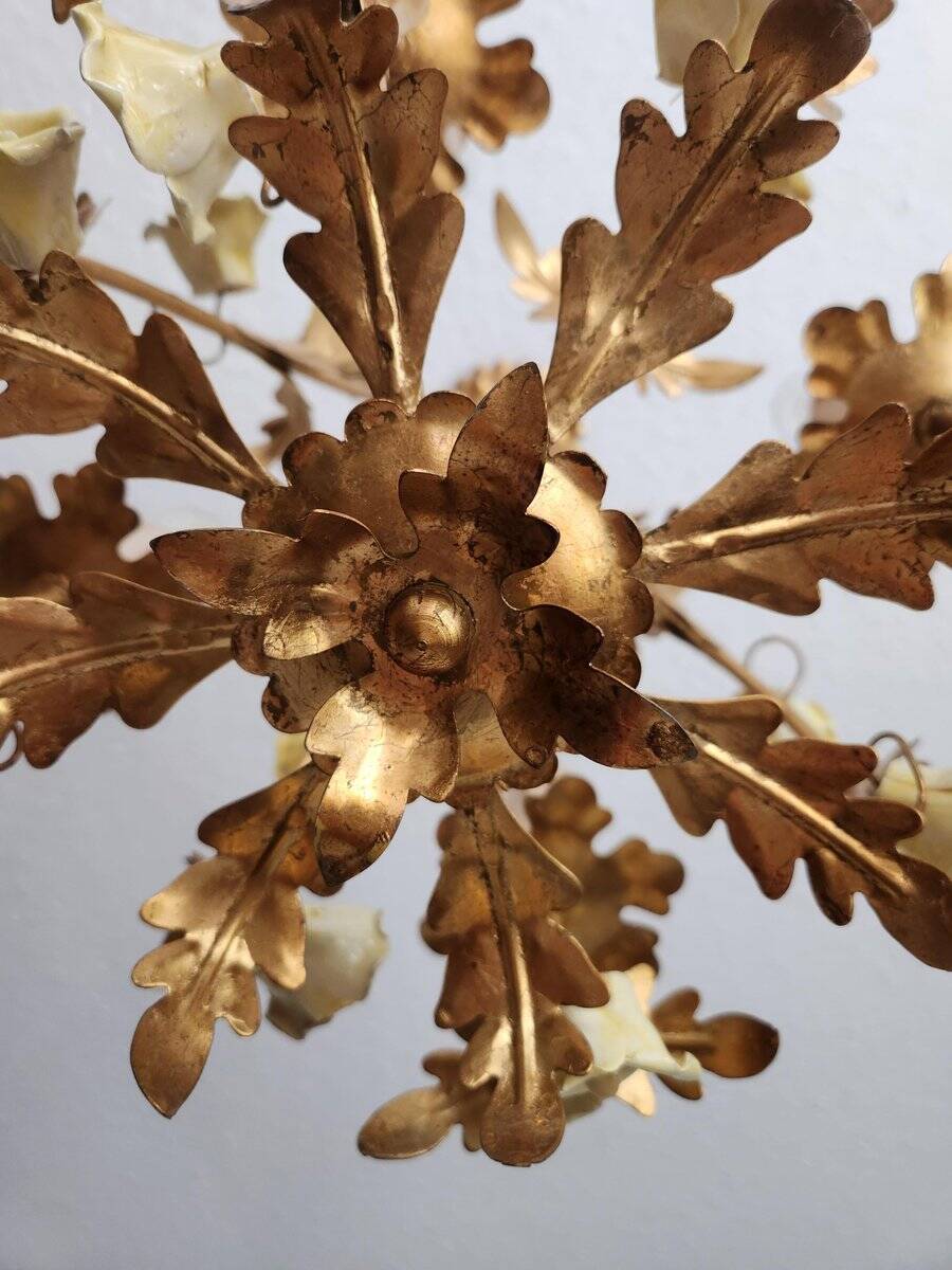 Hollywood Regency Vintage gold plated ceiling lamp porcelain roses Italy