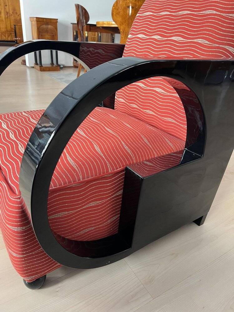 Art Deco Club Chair, Black Lacquer and Red Fabric, France circa 1930