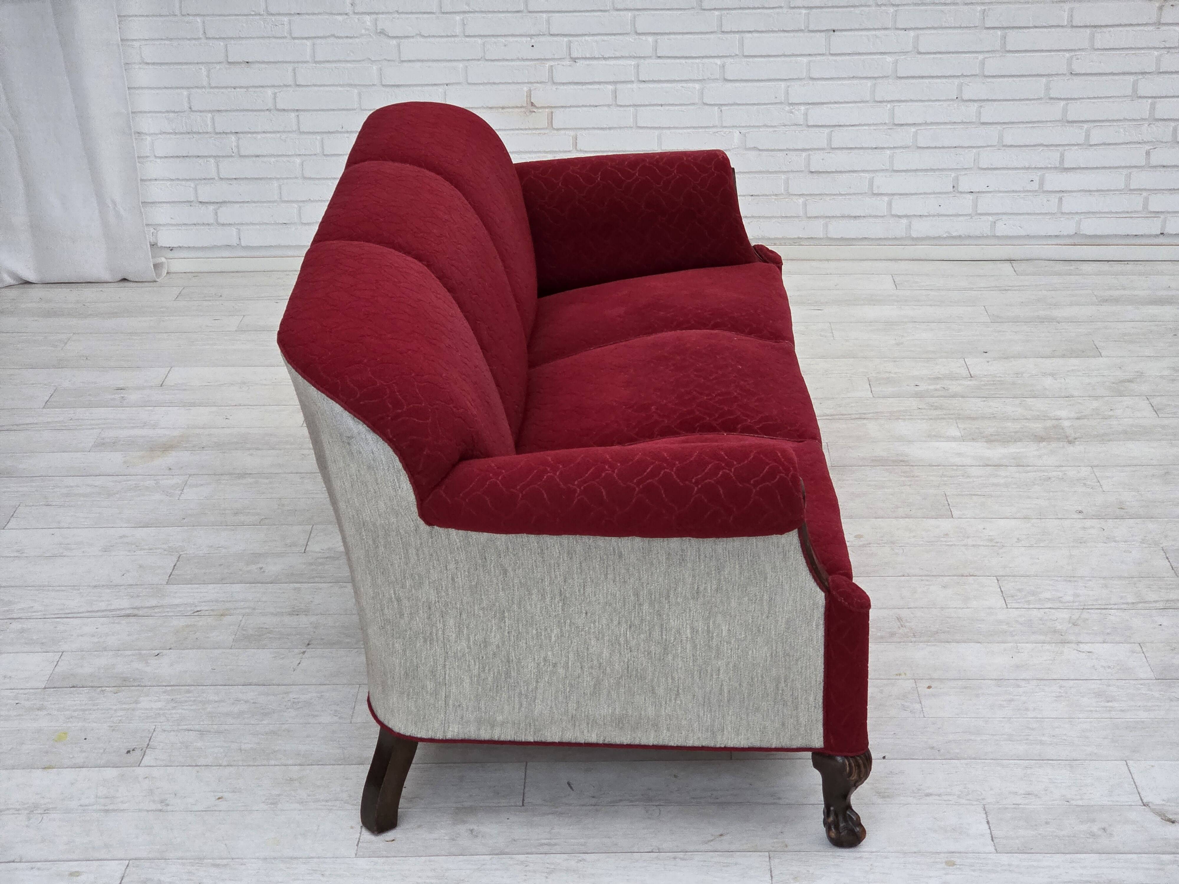 1950s, Danish 3-seater sofa, red and light grey furniture wool, oak wood.