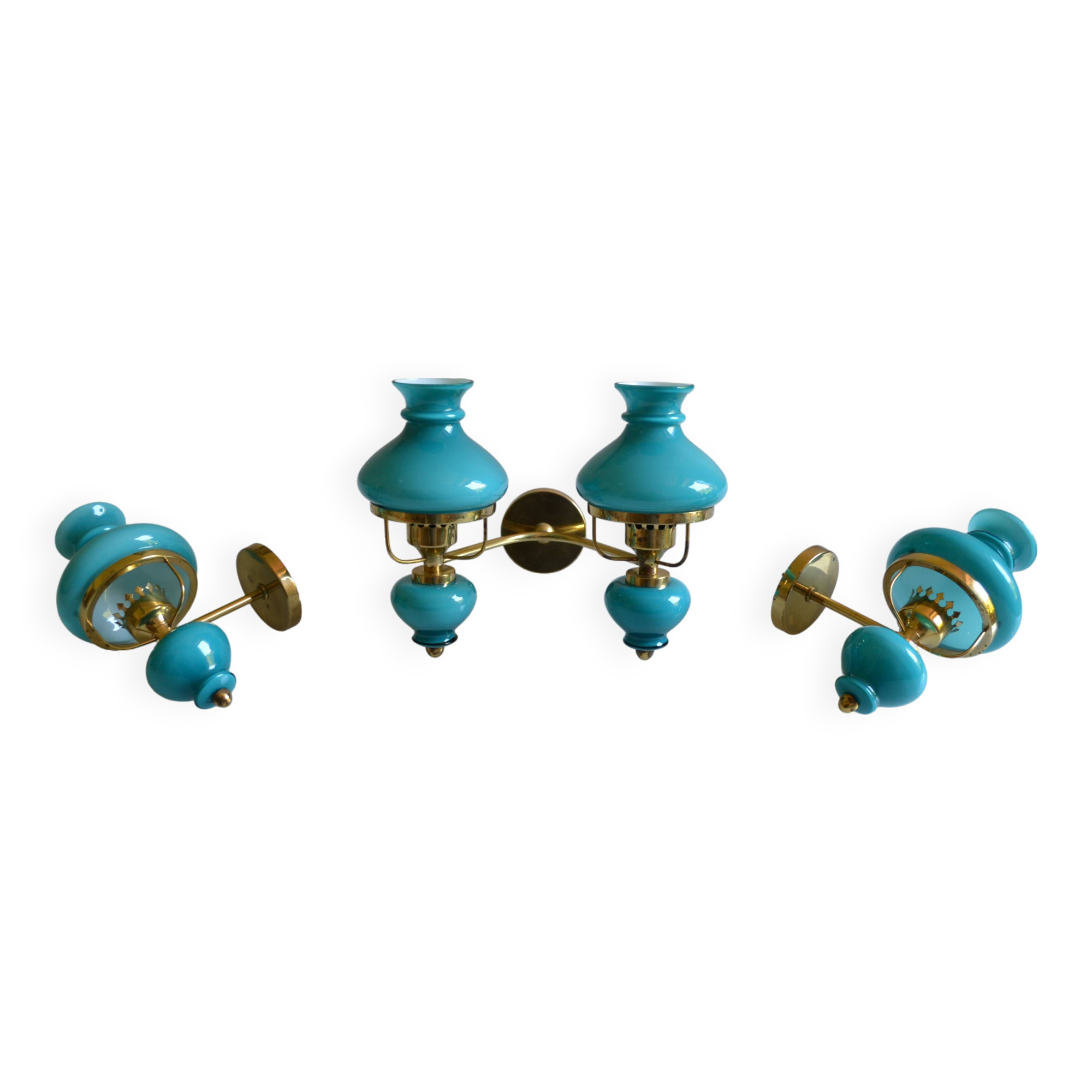 Series of 3 vintage brass and blue opaline wall lamps