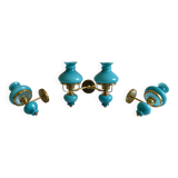 Series of 3 vintage brass and blue opaline wall lamps