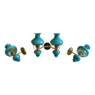 Series of 3 vintage brass and blue opaline wall lamps
