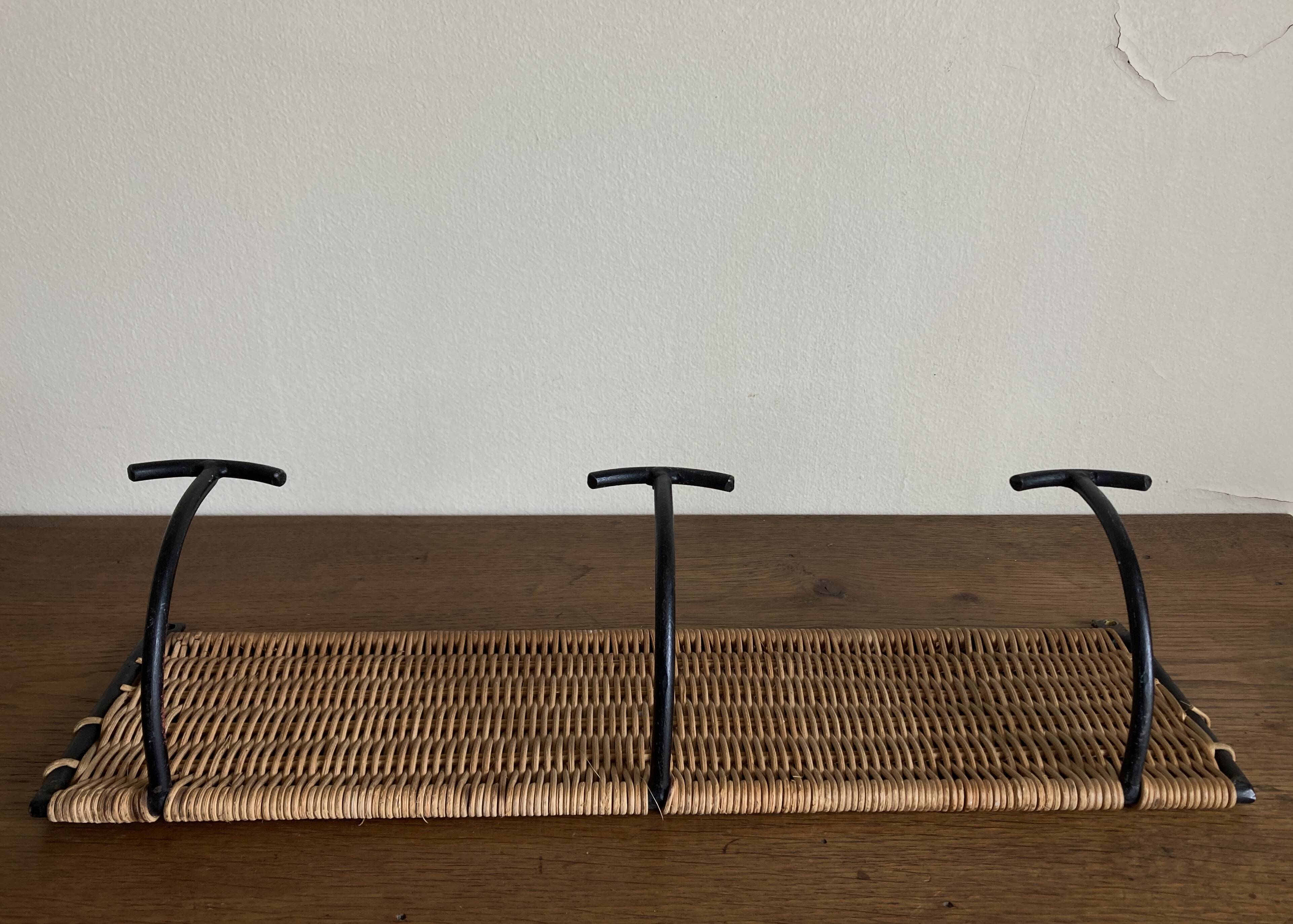 Raoul Guys mid-century iron and wicker wall coat rack