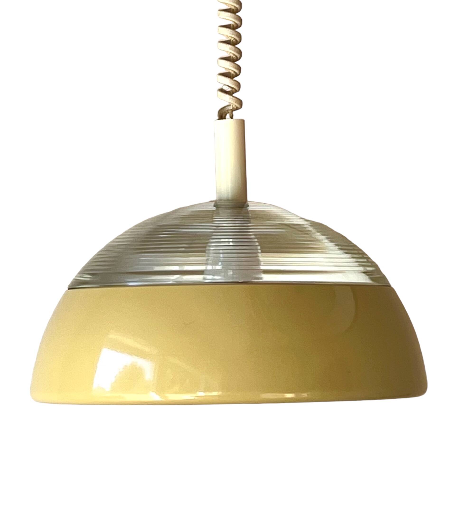 Space-age pendant light in holophane glass and lacquered metal from the 70s.