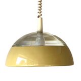Space-age pendant light in holophane glass and lacquered metal from the 70s.
