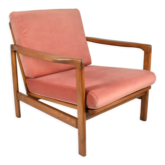 Fauteuil scandinave Baczyk, années 1960, rénovation, rose, velours, teck