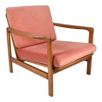 Scandinavian original armchair Baczyk, 1960s, renovation, pink, velvet, teak