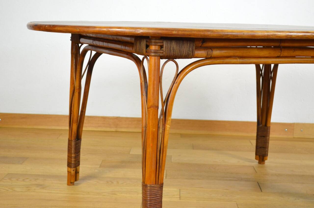 Vintage Oval Bamboo and Rattan Dining Table 1980