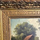 Barbizon School 19th century - Oil on panel - Washerwoman mill landscape - 1870