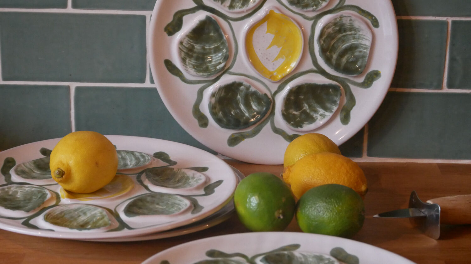 Set of 4 Belon earthenware oyster plates – 25 cm – yellow & green
