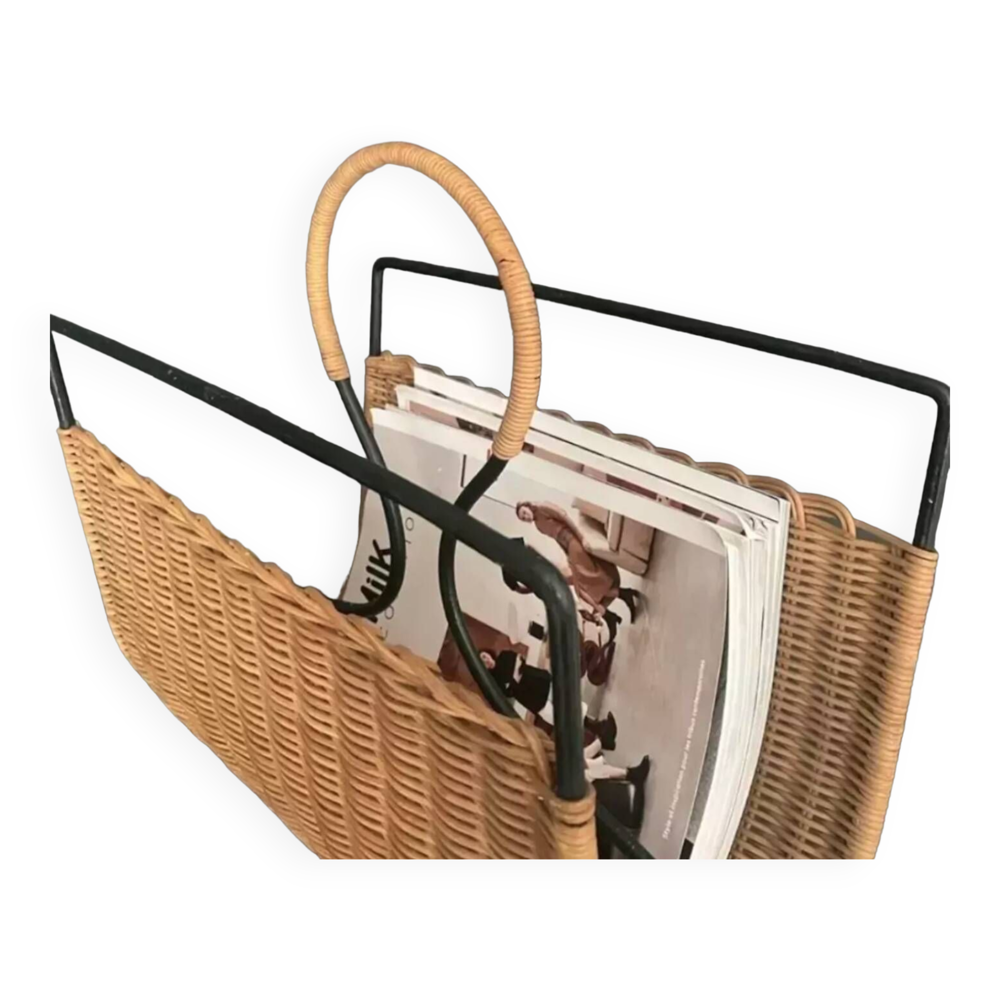 Wicker and lacquered metal magazine holder vintage 1950
