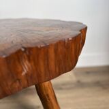 Brutalist coffee table, elm slice, tripod, 1960s