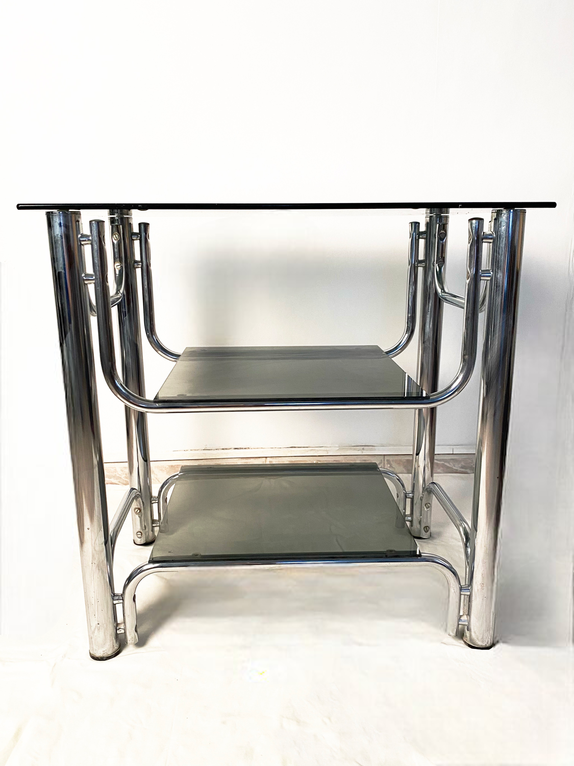 Console smoked glasses, chrome structure, 70s