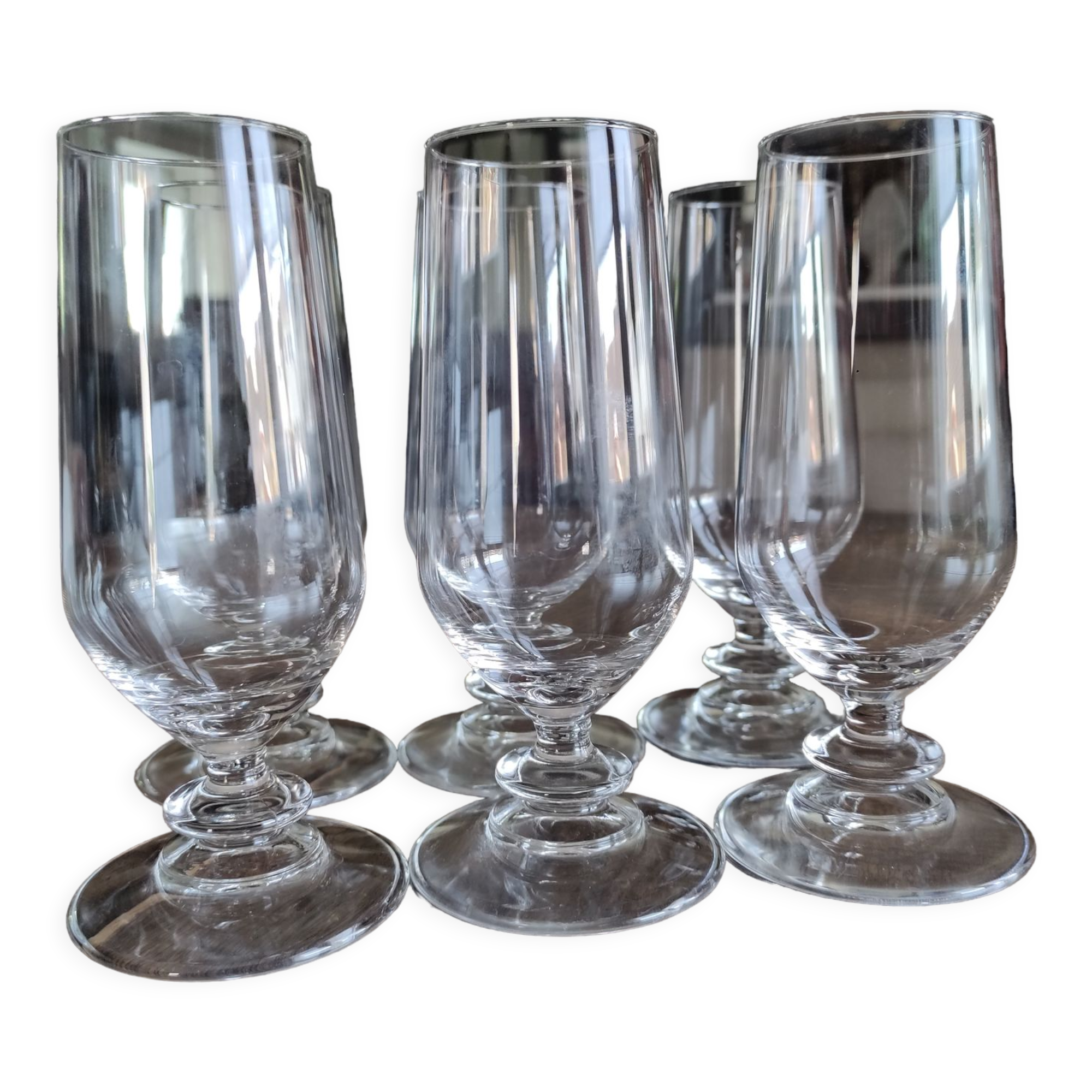 Set of 6 vintage champagne flutes on low crystalline stand