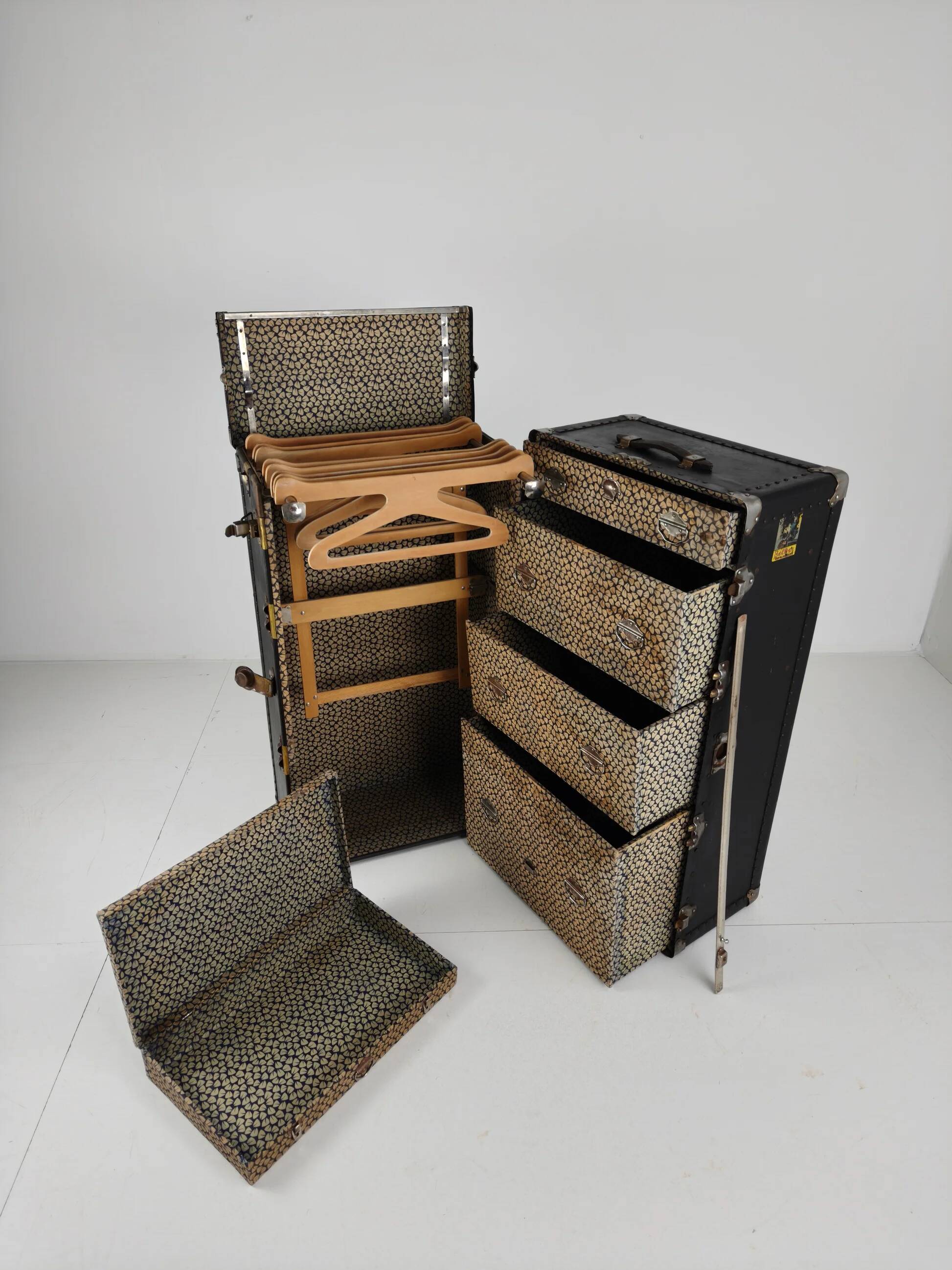 Antique 1924 Belber black leather steamer trunk - large travel wardrobe