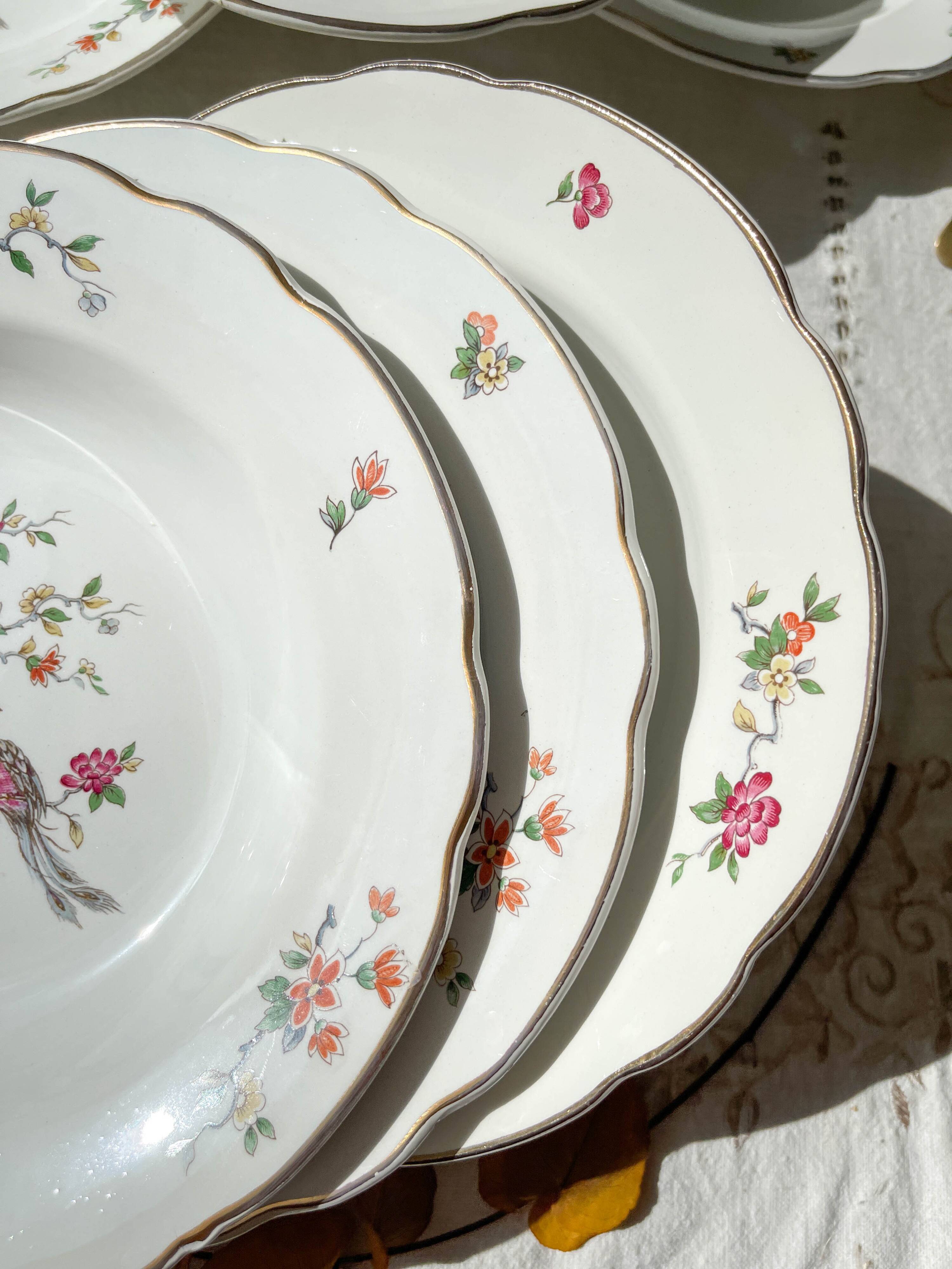 8 vintage porcelain soup plates digoin sarreguemines model conde bird of paradise pattern