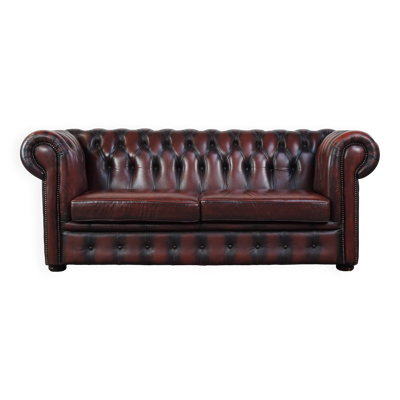 Canapé chesterfield 2,5 places en cuir de vachette flammé rouge foncé