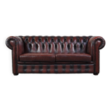 2.5-seater Chesterfield sofa in dark red flamed cowhide leather