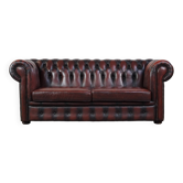 Canapé chesterfield 2,5 places en cuir de vachette flammé rouge foncé
