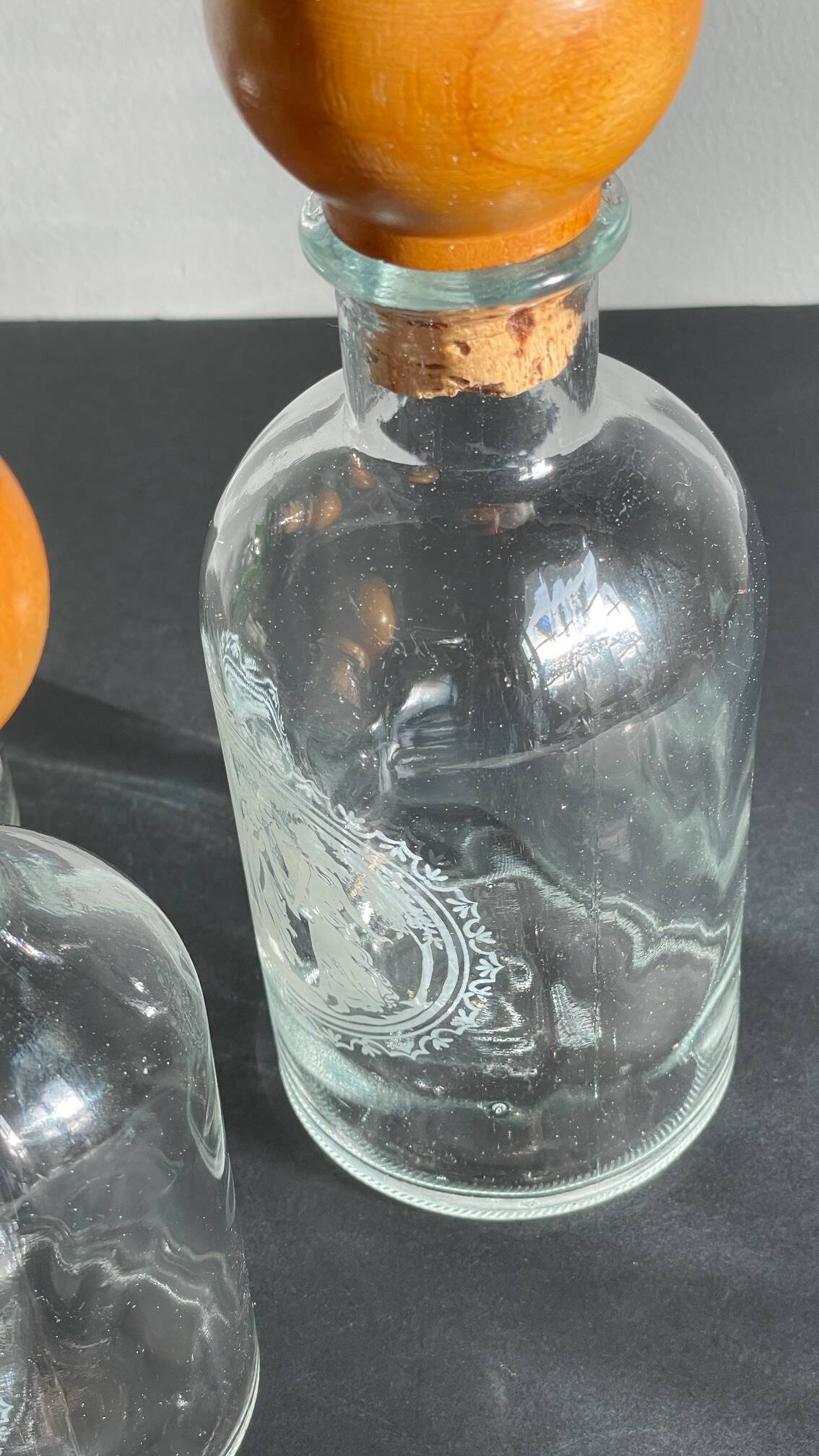 BOTTLES Engraved Glass and VINTAGE Wood