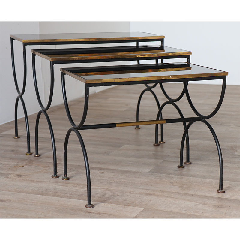 Vintage nesting tables in metal and black opaline glass 1950