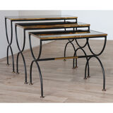 Vintage nesting tables in metal and black opaline glass 1950