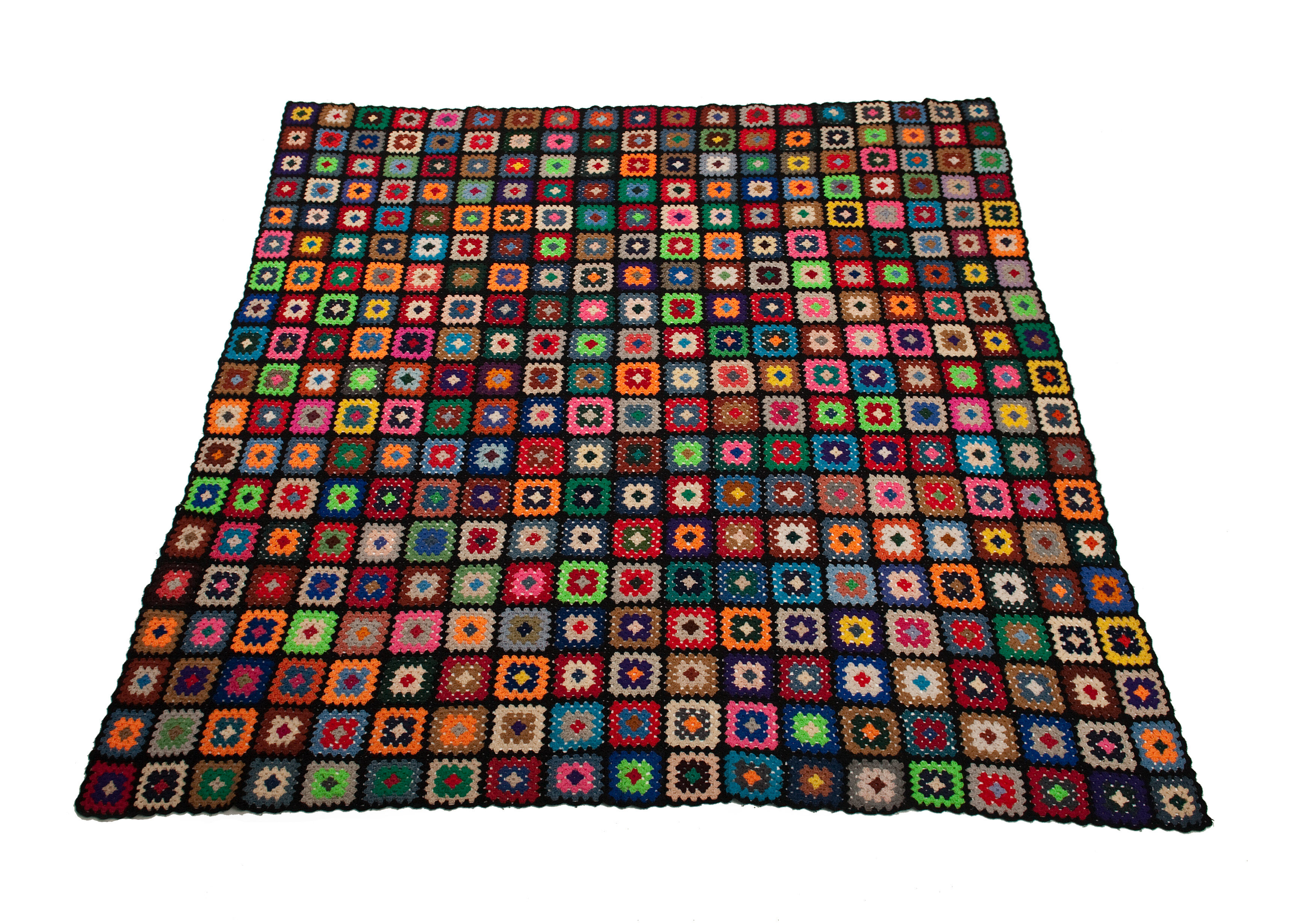 Vintage wool granny crochet plaid blanket 2.2 x 2.2m