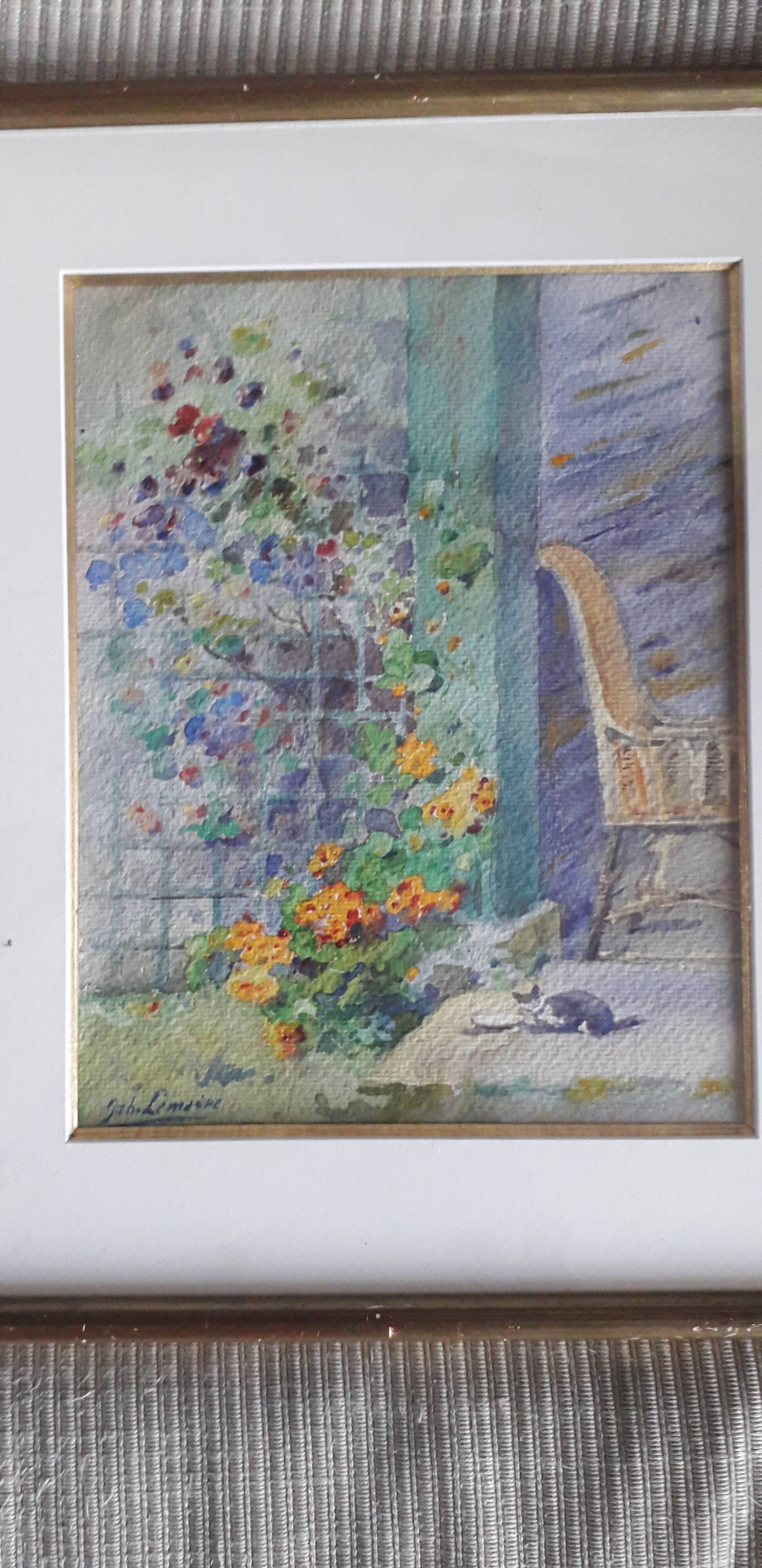 Old painting depicting a landscape with a cat