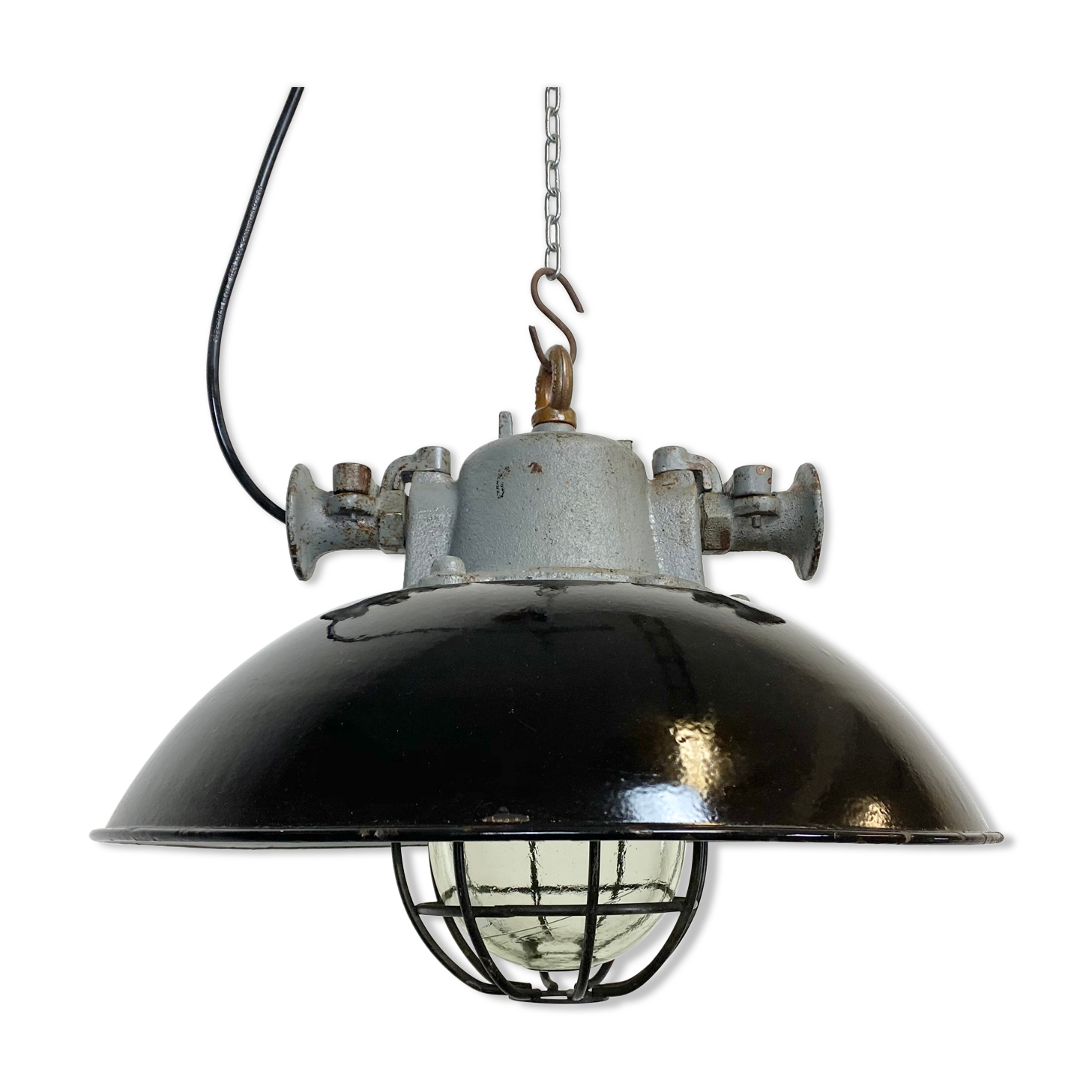 Black enamel and cast iron industrial cage pendant lamp, 1950