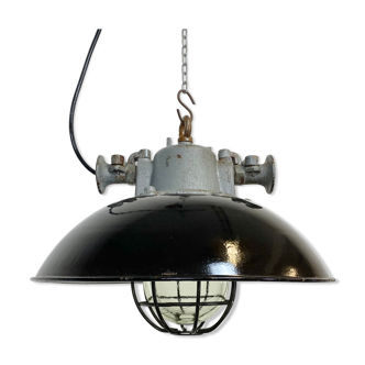 Black enamel and cast iron industrial cage pendant lamp, 1950