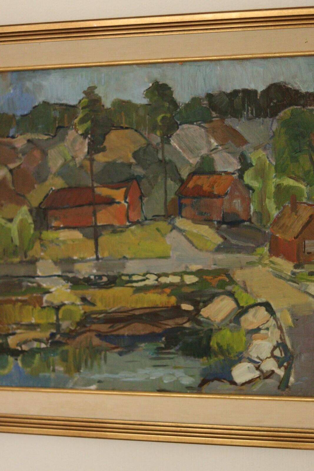 Original Swedish Oil On Panel – "Village" By Bertil Lundqvist – Signed – Vintage & Framed