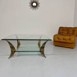 Table basse en verre et pied laiton massif design italien années 60