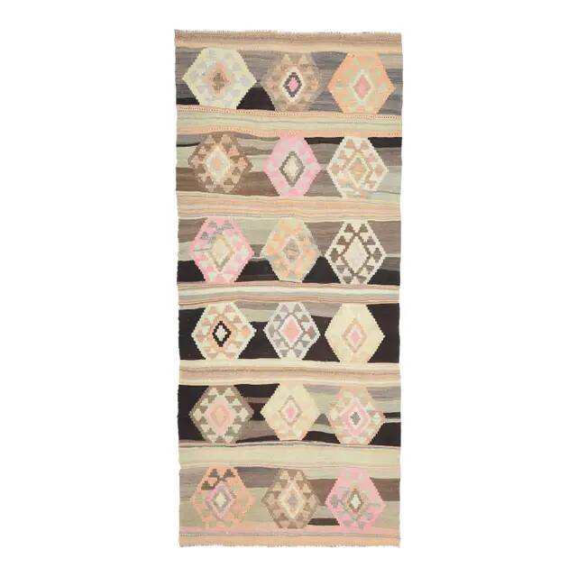 1970s Vintage Turkish Oushak Handmade  Tan Runner Rug  140x322