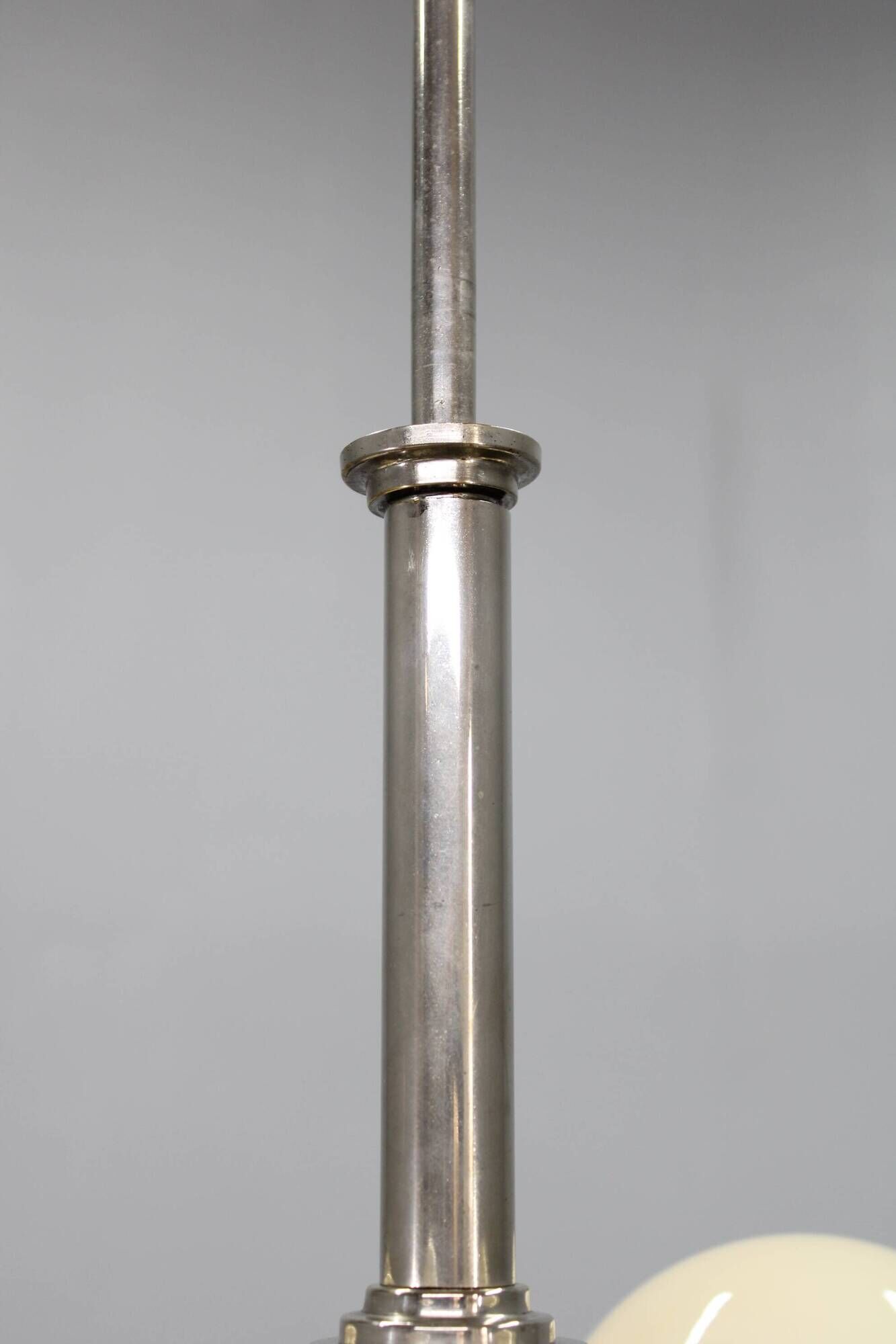 Czechoslovak Art Deco nickel chandelier with five opaline glass globes