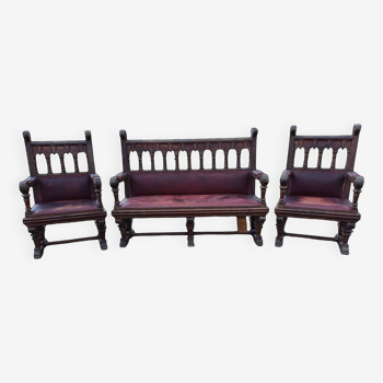 Banquette et Paire de Fauteuils Néo-Gothique Chéne 19 ème