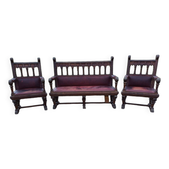 Bench and Pair of Neo-Gothic Oak Armchairs 19th
